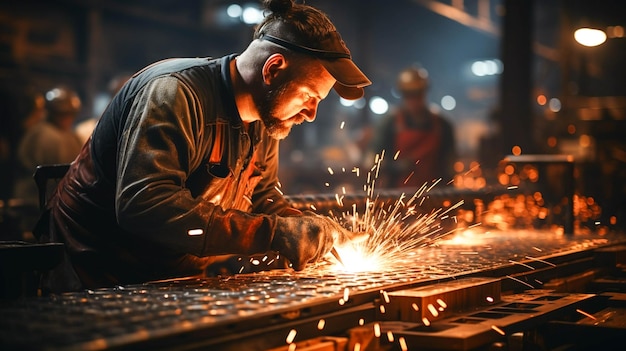 Mannen die in een staalfabriek werken om metaal te lassen met bescherming