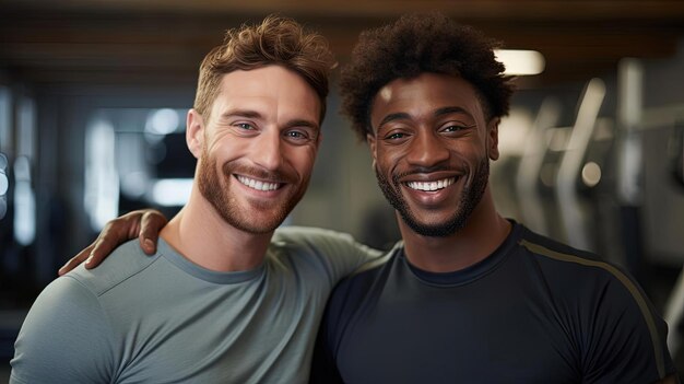 Mannen die samen glimlachen in de sportschool.