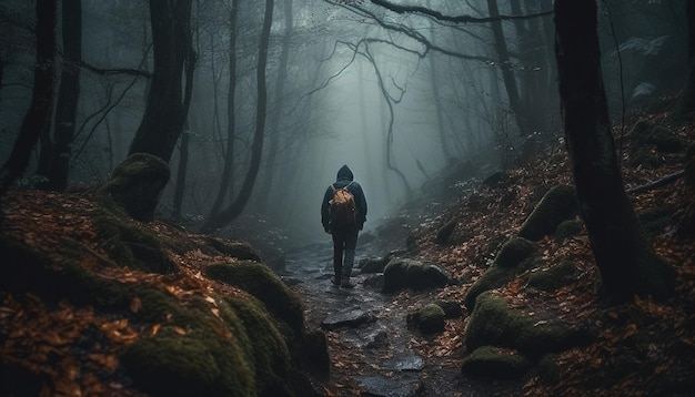 Foto mannen die wandelen in een spookachtig herfstavontuur in het bos, gegenereerd door ai
