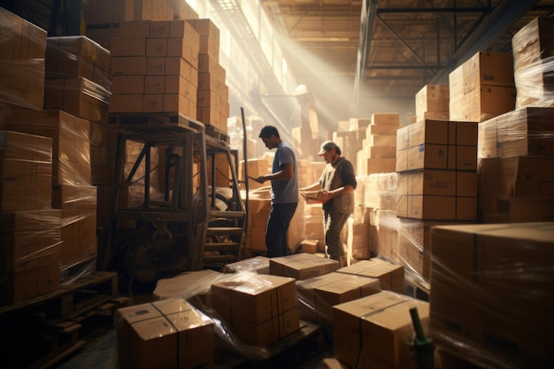 Mannen in een magazijn omringd door dozen