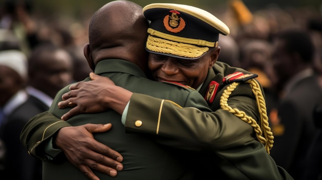 Mannen in militair uniform omarmen vredesconcept