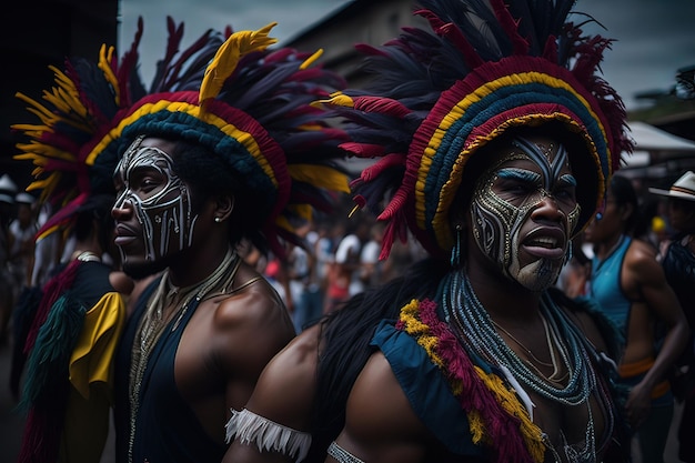 Mannen in traditionele klederdracht met hun gezichten beschilderd met de kleuren van de inheemse stam.