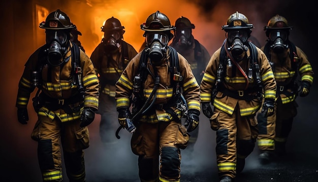 Foto mannen in uniform werken samen om zich te beschermen tegen gevaarlijke vlammen gegenereerd door kunstmatige intelligentie