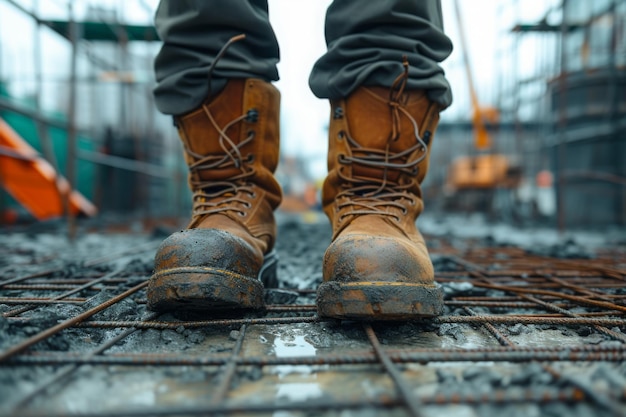 Foto mannen in werk laarzen staan op een bouwplaats