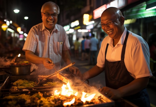 Mannen koken voedsel bovenop de grill Buiten grillen met vrienden en familie