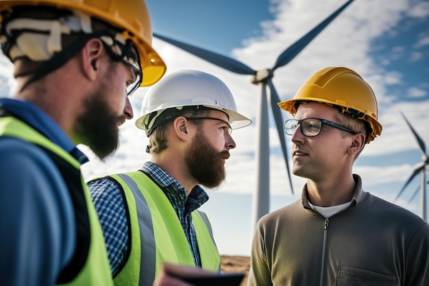 Mannen met helmen werken samen om een zonne-energiecentrale te bouwen die de zonne-energie benut en hernieuwbare elektriciteit opwekt voor de industrie.