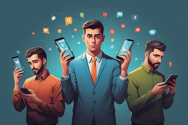 mannen met mobiele telefoons concept voor onwetendheid sociale media impact