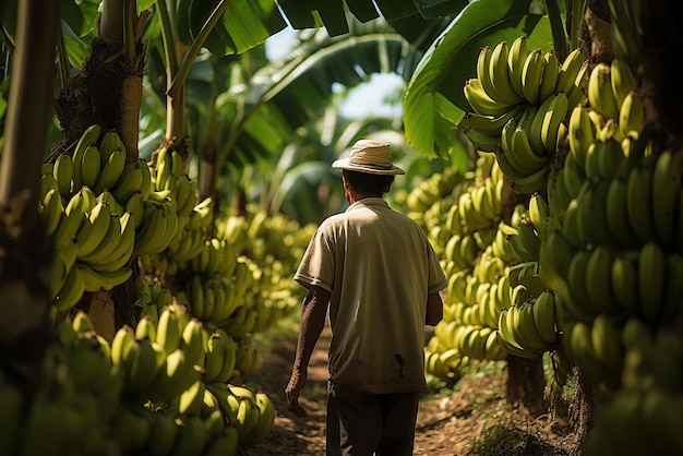 Mannen oogsten bananen op plantage Bananen in mand