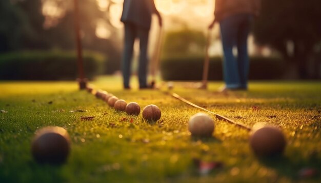 Mannen spelen golf op groen gras op een golfbaan gegenereerd door kunstmatige intelligentie