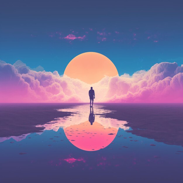 Mannen staan aan de horizon de weerspiegeling op het water bovenop de roze wolken illustratie