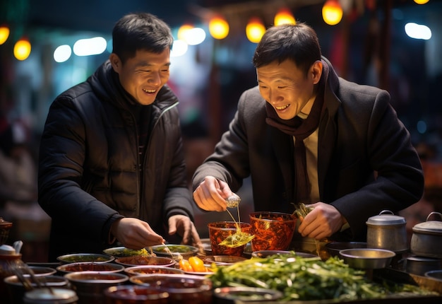 Mannen staan boven een tafel gevuld met voedsel tijdens een bijeenkomst