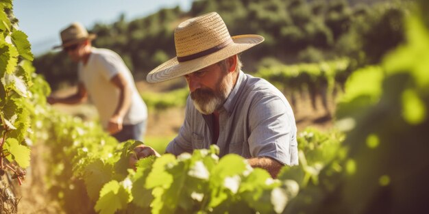 Mannen van middelbare leeftijd oogsten druiven op de boerderij Generatieve AI