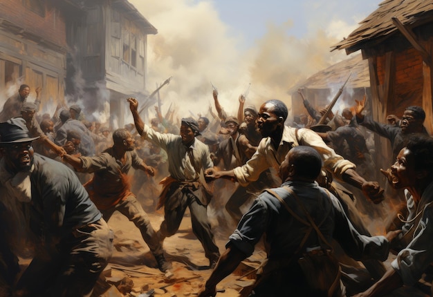 Mannen vechten in dorp Een groepsschilderij