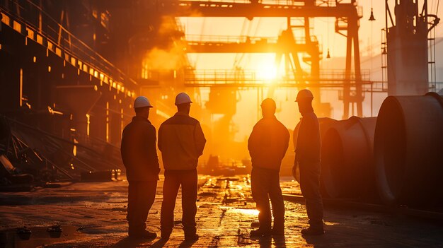 mannen voor een fabriek met de zon achter hen