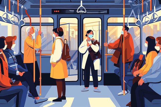 Foto mannen vrouwen mensen passagiers in maskers die in het openbaar vervoer rijden