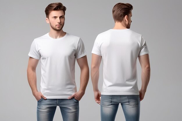 Mannen wit wit T-shirt sjabloon van twee zijden natuurlijke vorm op onzichtbare mannequin voor uw ontwerp mockup voor afdrukken geïsoleerd op witte achtergrond