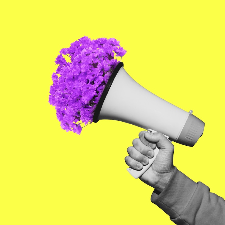 Foto mannenhand met bloemen in megafoon hedendaagse kunst collage moderne kunstwerken
