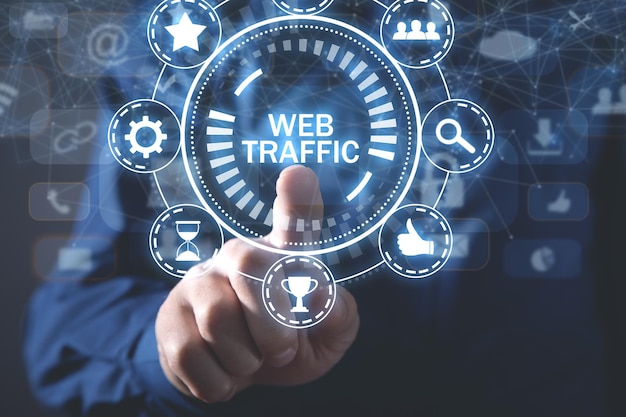 Mannenhand wijzen Web Traffic concept. internetten. Technologie