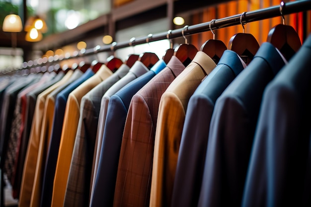 Mannenpakken op hangers in een winkel