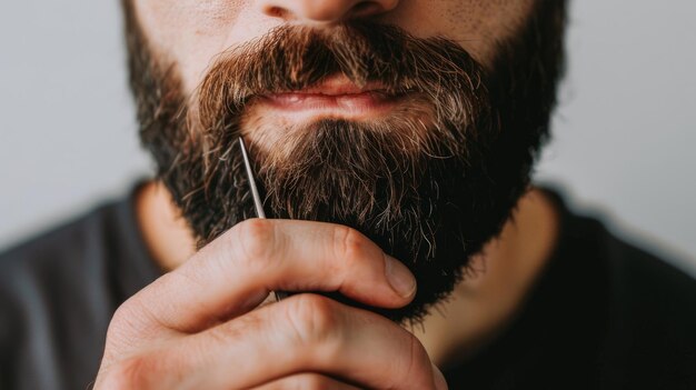 Mannenverzorging Close-up van een man die zijn handen snijdt en een dikke baard vorm geeft