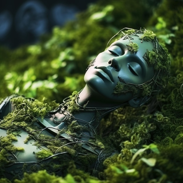 Mannequin covered in vibrant green moss
