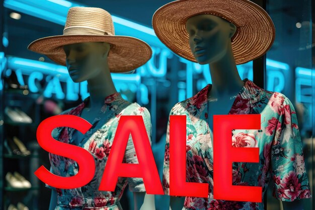 Mannequin dressed in floral pattern under a bold sale sign