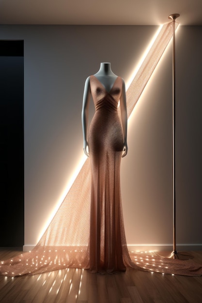 a mannequin dressed in an orange dress is standing in front of a light