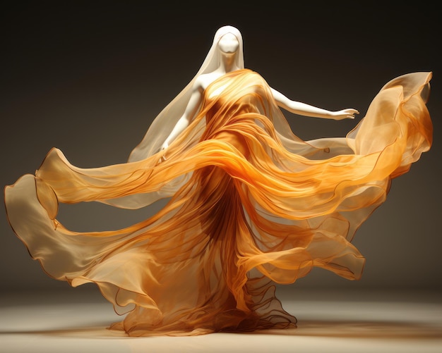 a mannequin dressed in an orange dress with flowing fabric
