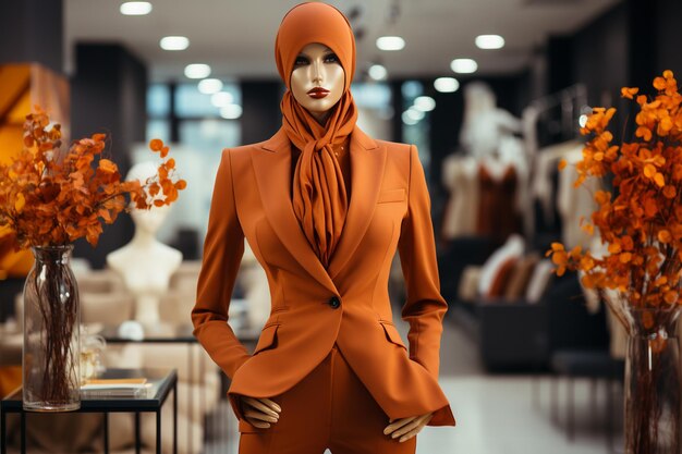 Photo mannequin in an elegant jacket with an autumn look in a modern fashion boutique generative ai