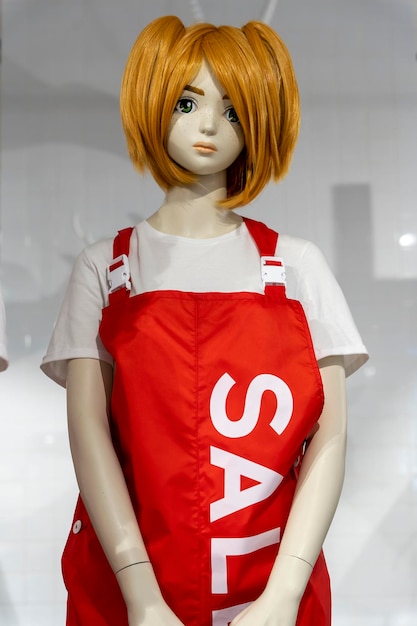 Mannequin girl in a seller's apron with red hair in a clothing store