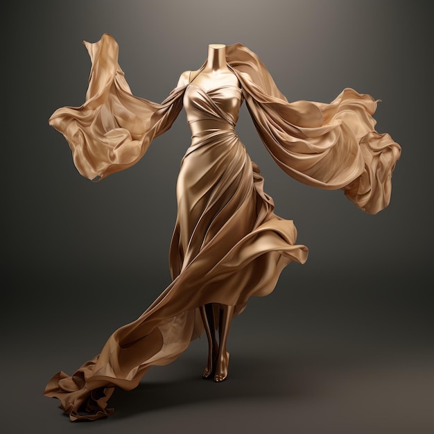 a mannequin in a gold dress with flowing fabric