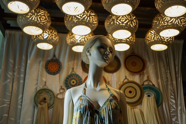 Photo mannequin in halter neck summer dress decorative lanterns above