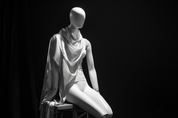 Photo mannequin seated on a stool with silk scarf draped over shoulders