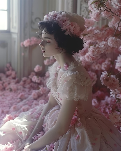 Photo a mannequin sits in a bed of flowers