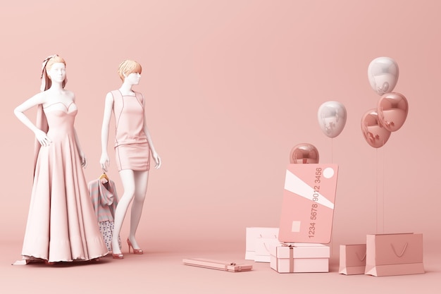 Mannequin surrounded by shopping bag and the gift box with credit card on the pink backdrop3d rendering