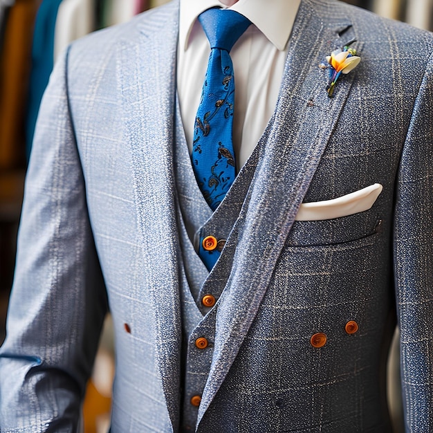 A mannequin wearing a blue suit with a flower on it.