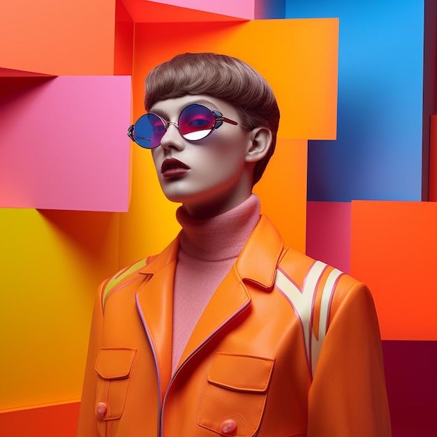 A mannequin wearing a bright orange jacket and sunglasses is wearing a bright orange jacket