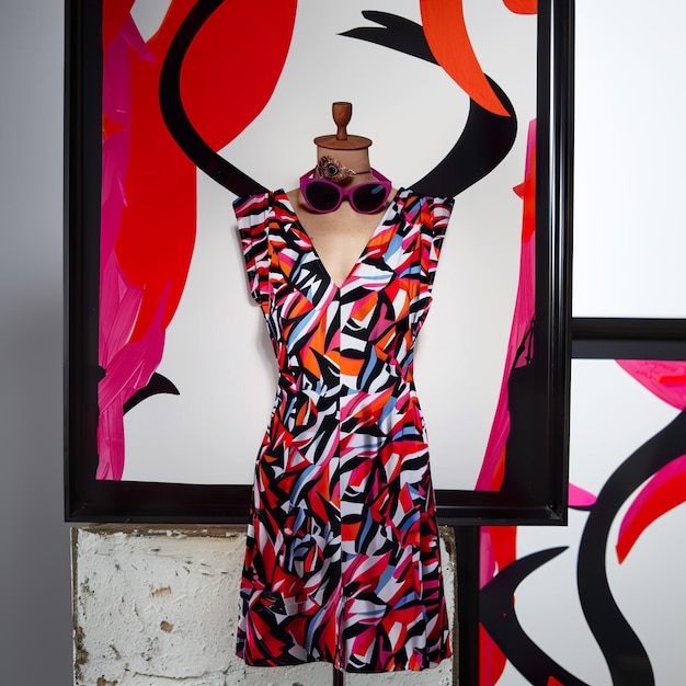 Foto un manichino che indossa un vestito colorato è in piedi davanti a un dipinto