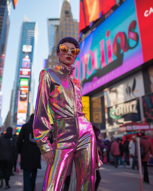 다채로운 옷을 입은 인형이 거리에서 미래주의 금속 모델을 서 있습니다.