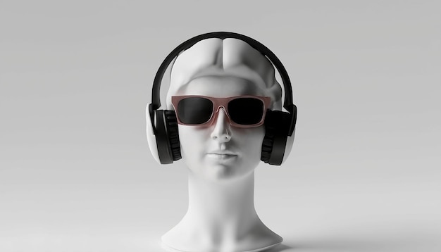 A mannequin wearing headphones with the sun glasses on.