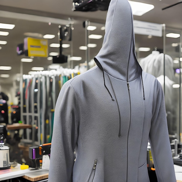 A mannequin wearing a hoodie with a yellow sign that says no 1