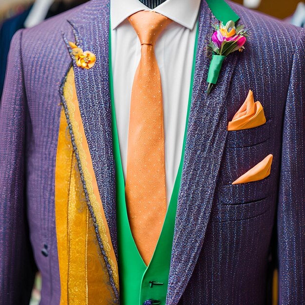 A mannequin wearing a purple and orange suit with a flower on it.