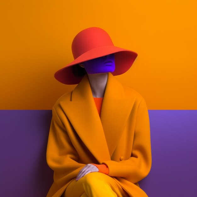 A mannequin wearing a red hat sits against a wall with a blue light