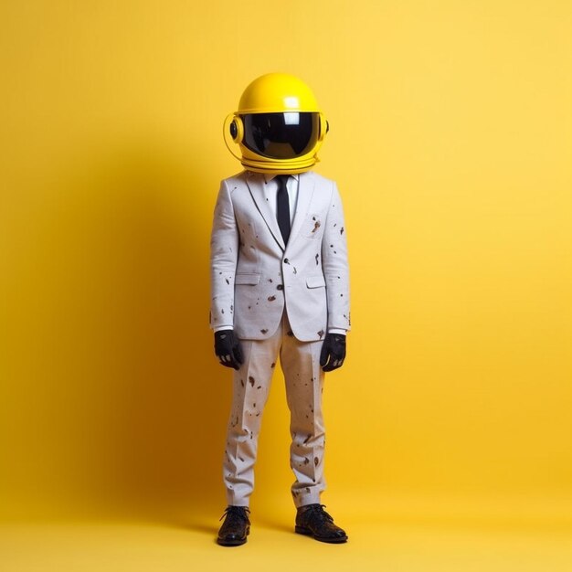 A mannequin wearing a yellow helmet and a helmet with a helmet on it