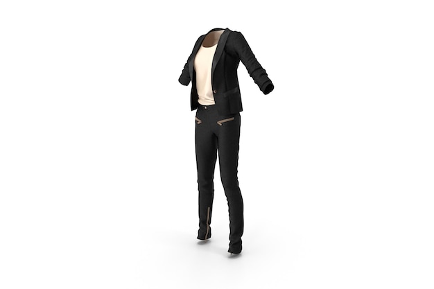 A mannequin with a black jacket on a white background.