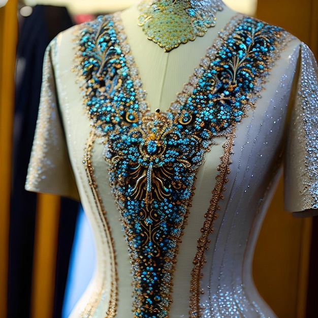 A mannequin with blue and gold beaded embroidery on it.