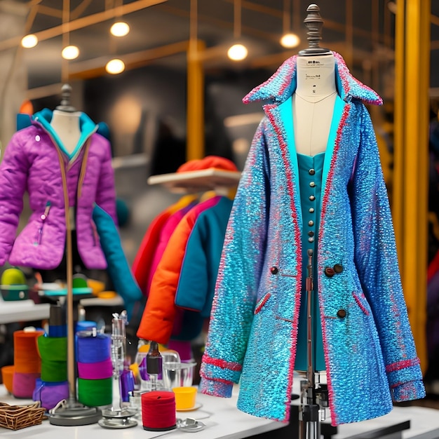 A mannequin with a blue jacket and pink and purple jacket.