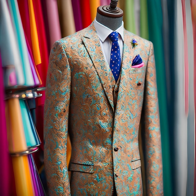 A mannequin with a blue tie and a pink and white shirt.