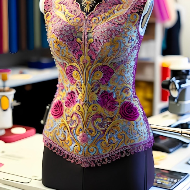 A mannequin with a colorful dress on it