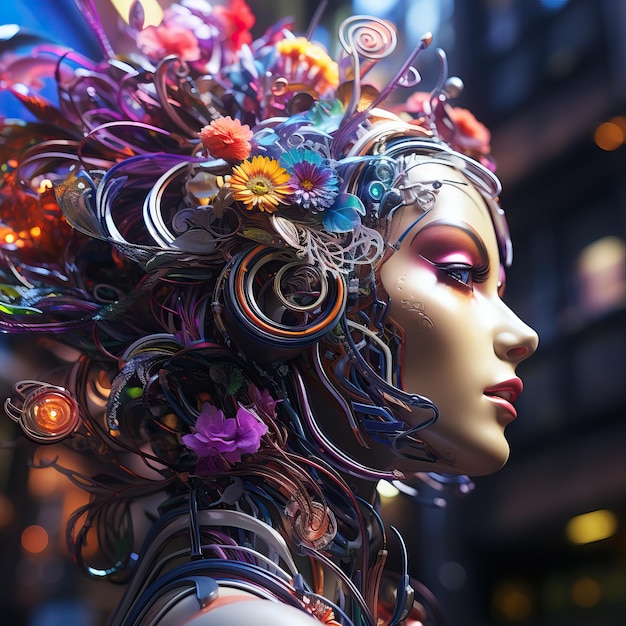 A mannequin with colorful hair and flowers